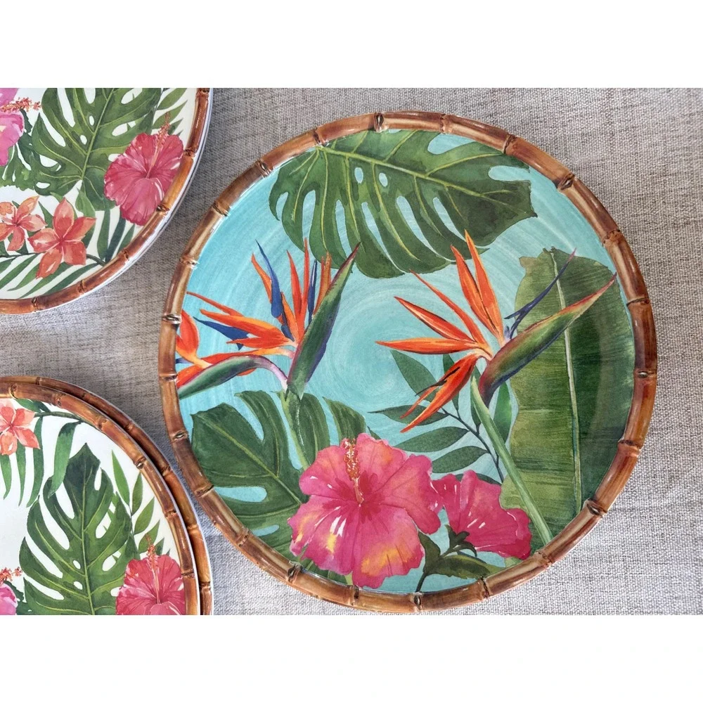 Outdoor Collection Melamine Plates 11 Inch Tropical Floral Bamboo Rim Excellent